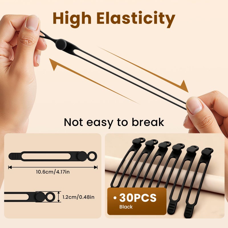 awrose 30 Pcs Silicone Cable Ties, Reusable Data Cable Organizer Wire Organizers For Office, Multipurpose Elastic Cord Wraps Cable Management For Charging Cord,Appliances,Home,Office,Kitchen,School,Travel - Image 2
